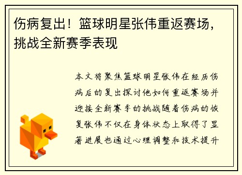伤病复出！篮球明星张伟重返赛场，挑战全新赛季表现
